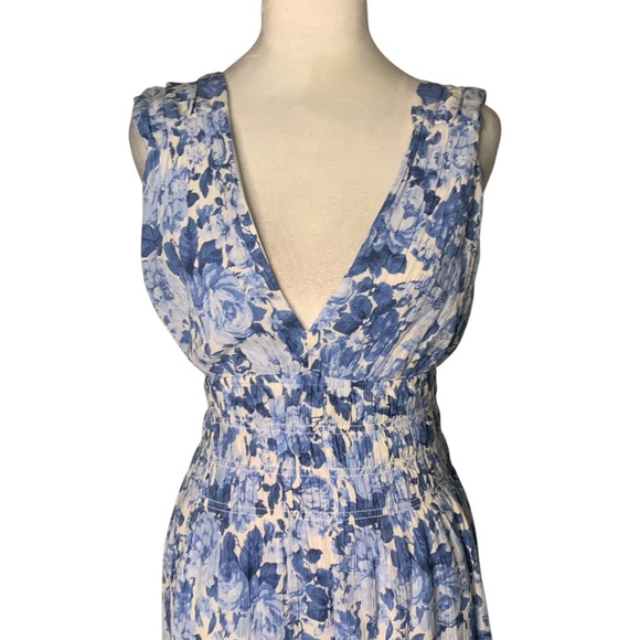 Abercrombie & Fitch Small Blue & White Floral Print V Neck Sleeveless Midi Dress - Picture 2 of 6